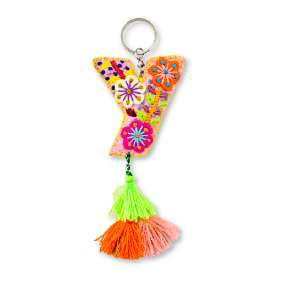 Alphabet Letter Embroidered Boho Keychain | Bag Charm - Mexico
