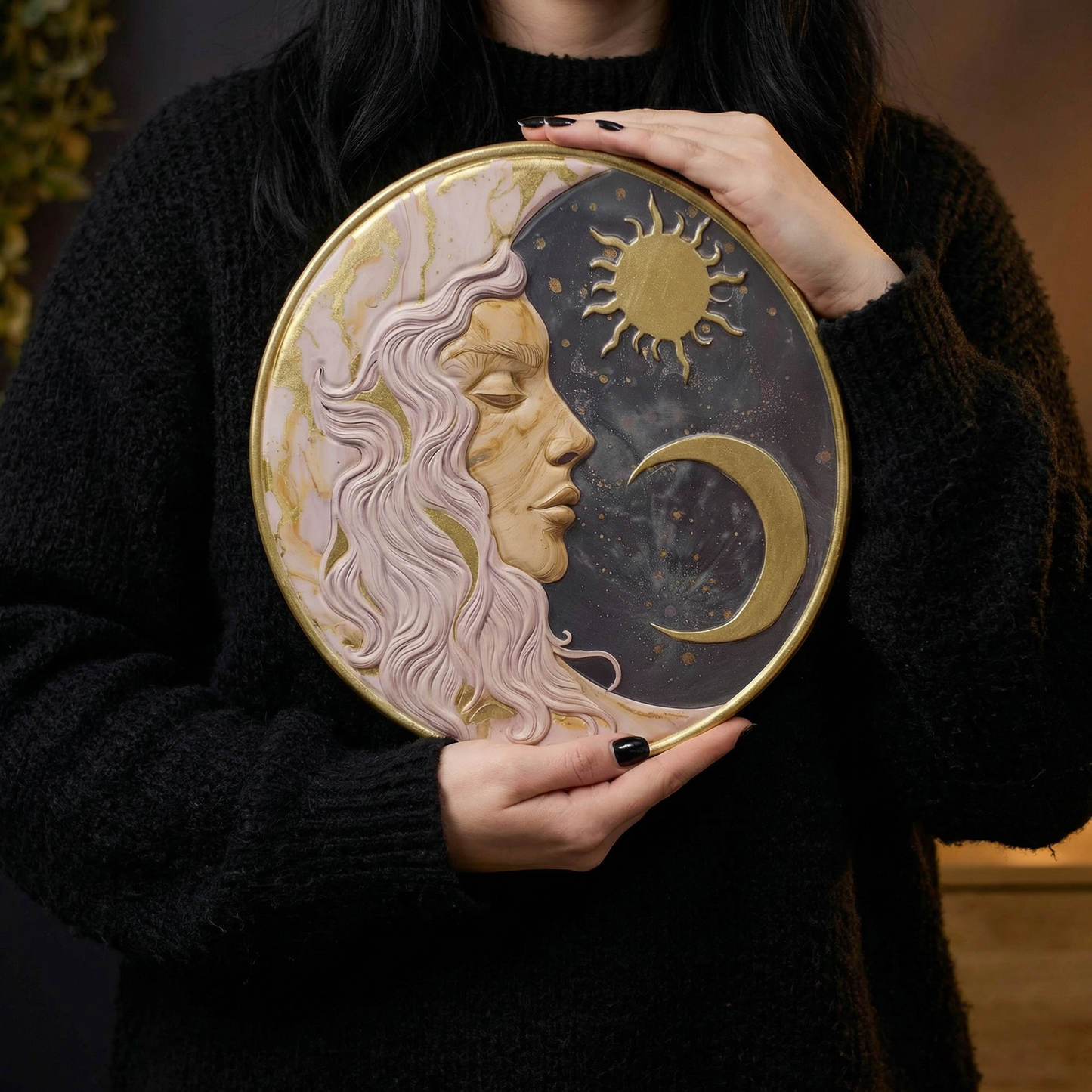 Lady Moon Wall Decor | Celestial Metal Wall Art | Gold Accent Moon Sign