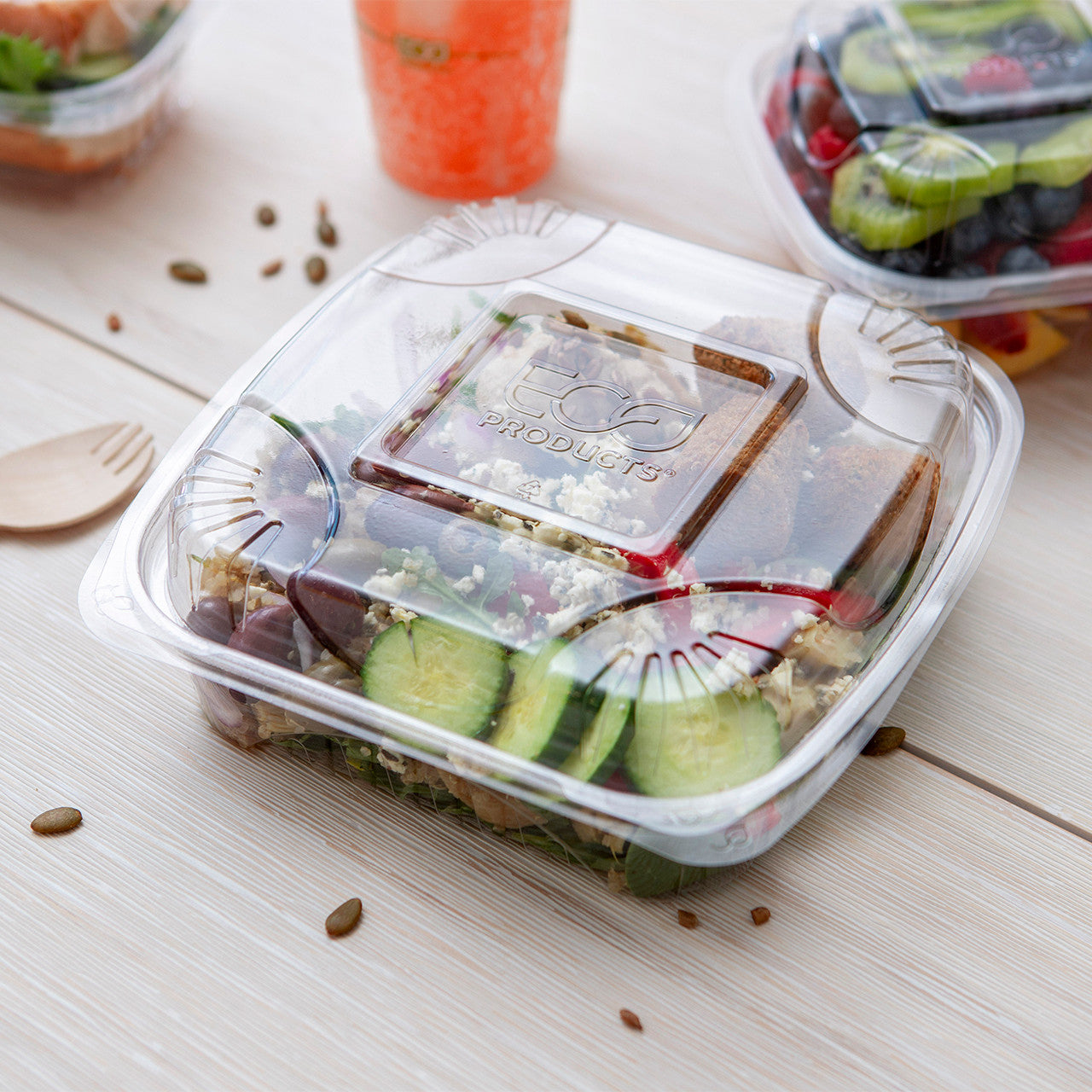 Eco-Products GreenStripe Renewable & Compostable Clear Clamshell, 3-Compartment, 8 x 8 x 3 in (QTY 160), SKU EP-LC83