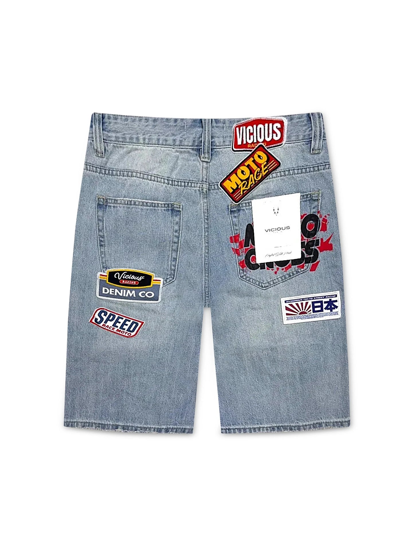 Vicious Denim Patch Shorts - Light Blue