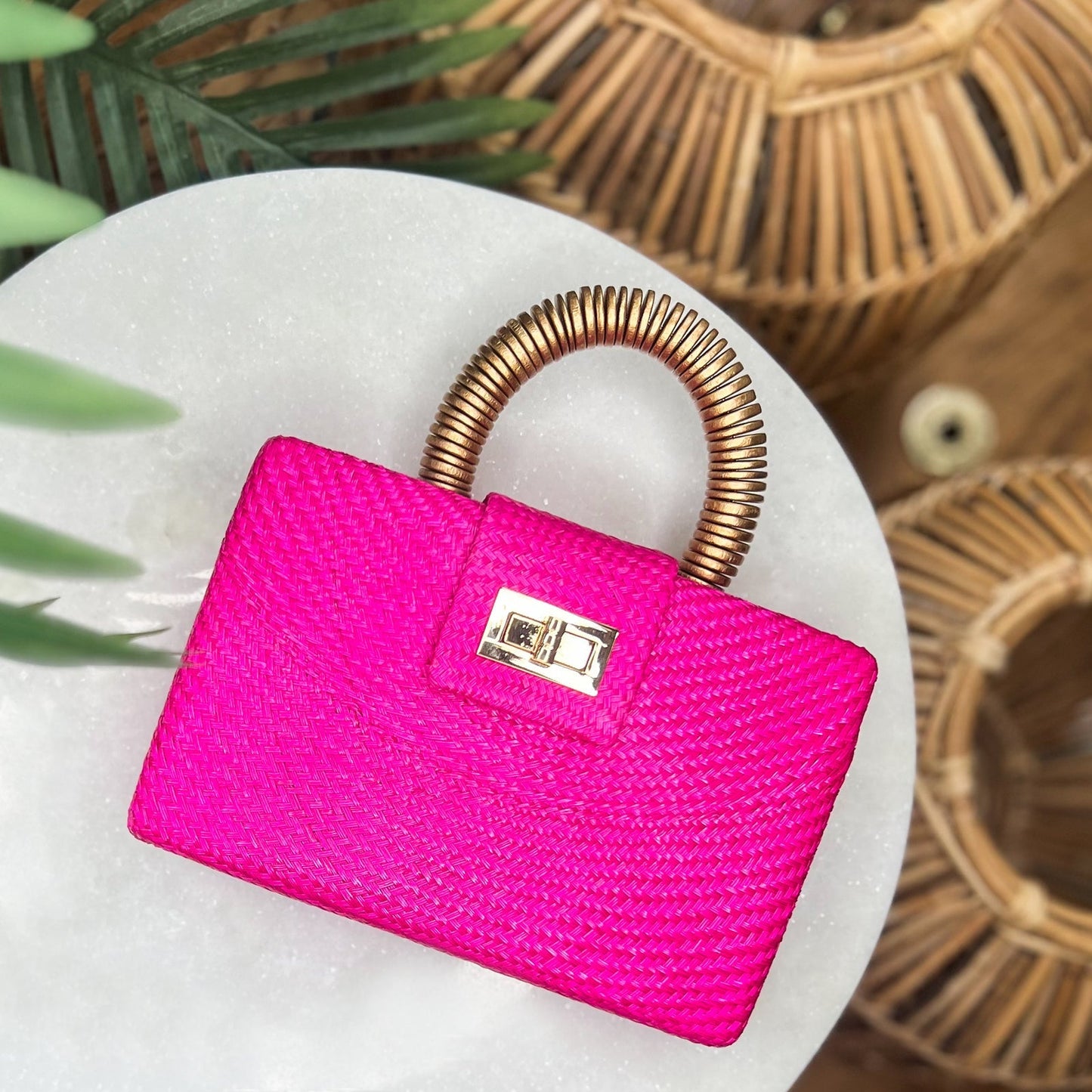 THE GRACIE Pink & Gold Woven Buntal Straw Clutch Bag