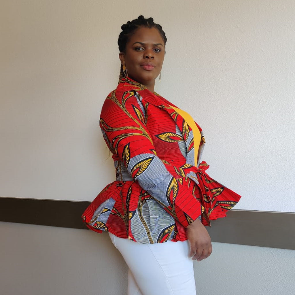 African Print Long Sleeved Peplum Red Blouse