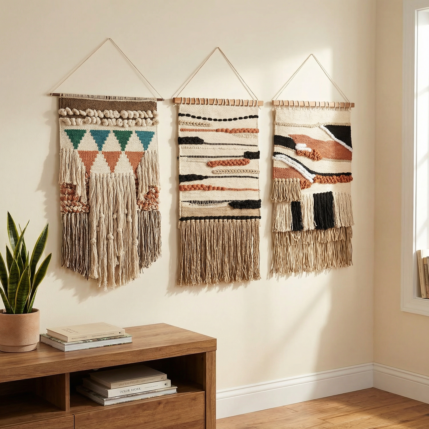 Ophelia Boho Woven Wall Hanging | Cotton Fringe Tapestry with Wooden Rod