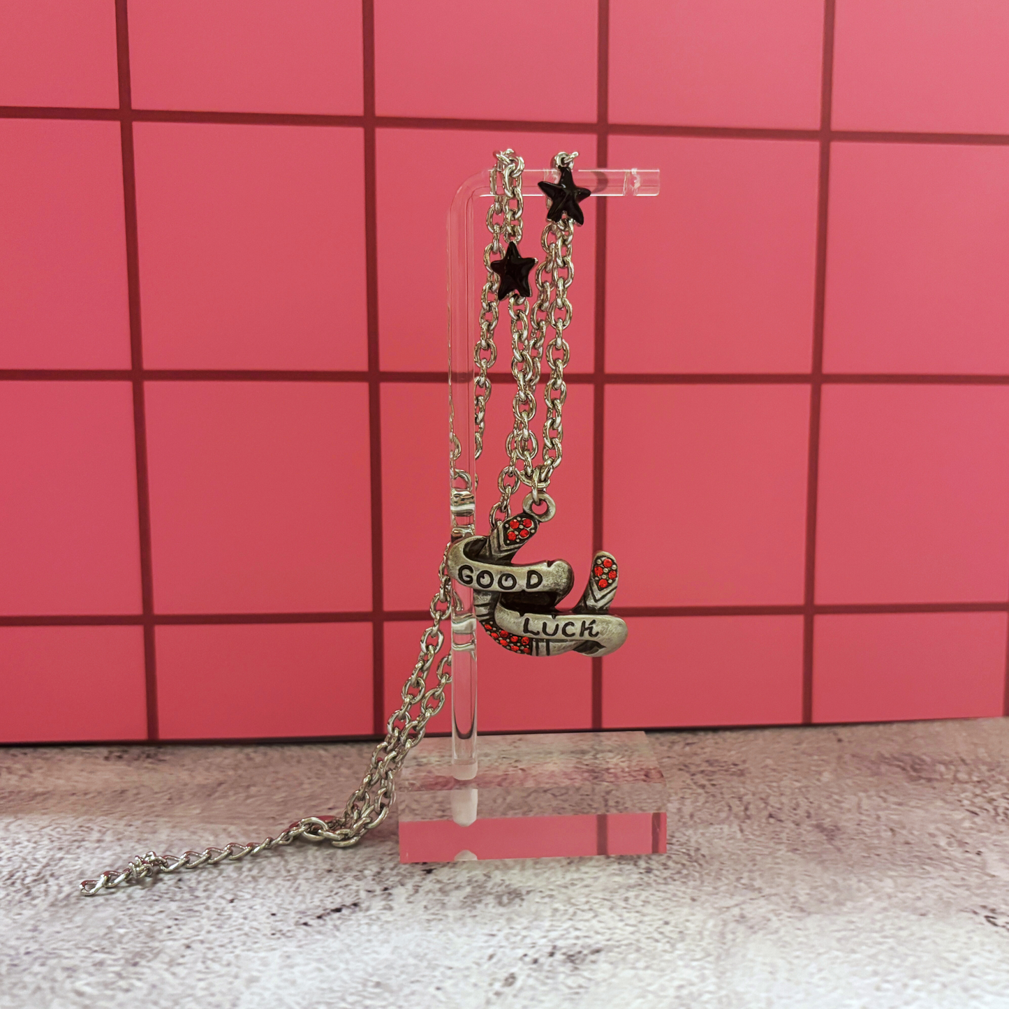 Sourpuss "Good Luck” Horseshoe Necklace with Red Rhinestones & Black Star Charms