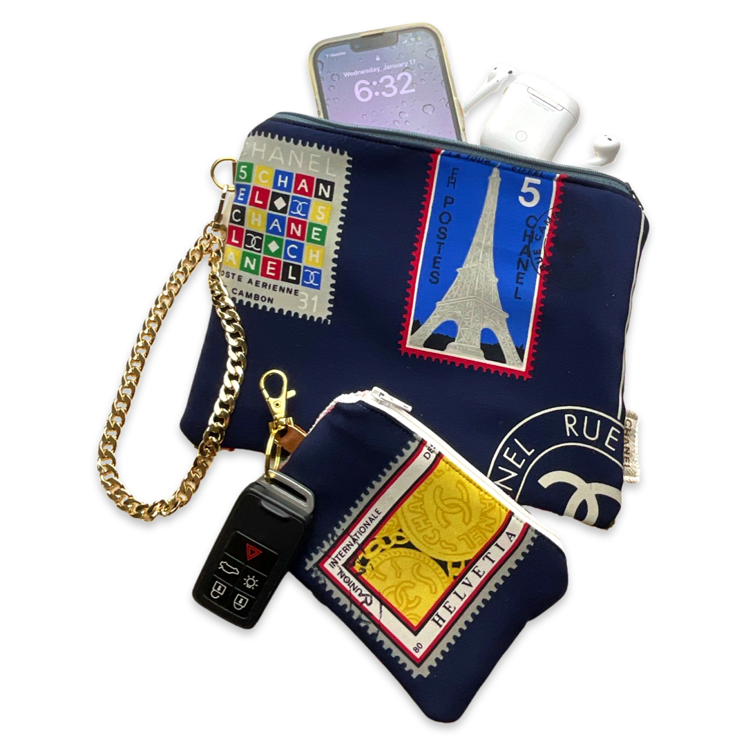 Stamps of the World Vintage Silk Scarf Coffee Run Keychain Bag
