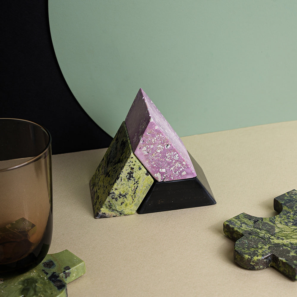 Triangle Gemstone puzzle / 3piece candelabra Serpentine, Soapstone, Jasper