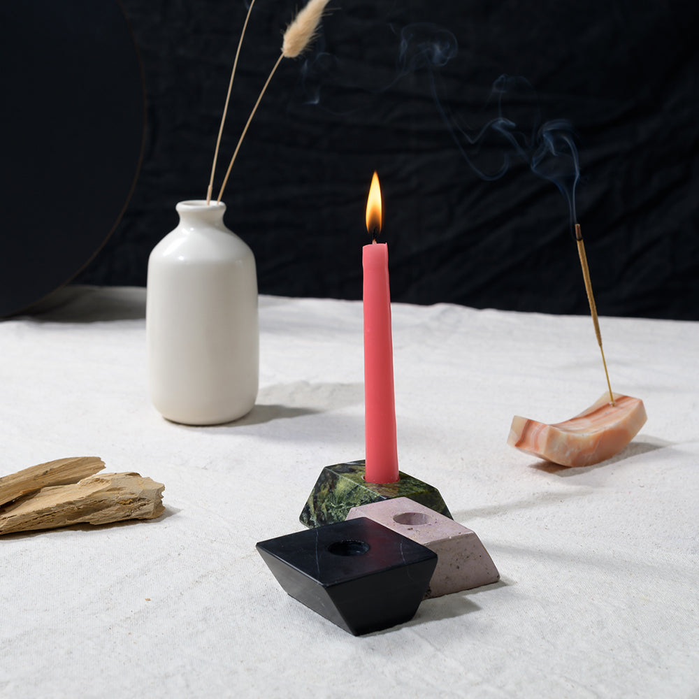 Triangle Gemstone puzzle / 3piece candelabra Black onyx, Serpentine, Lila Fosfosiderita