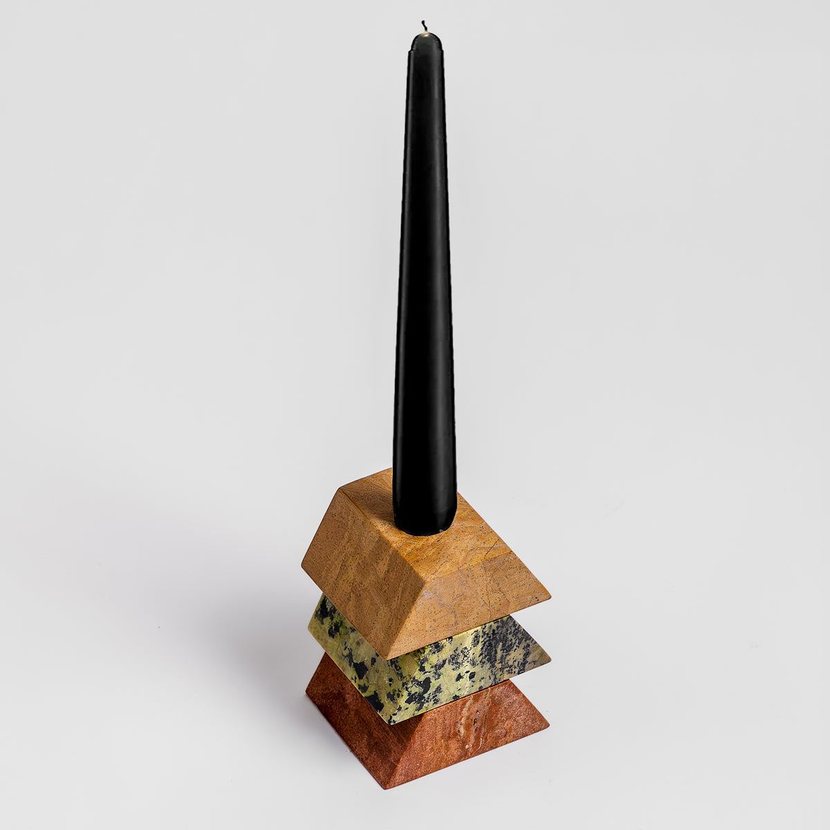 Triangle Gemstone puzzle / 3piece candelabra Black onyx, Serpentine, Lila Fosfosiderita