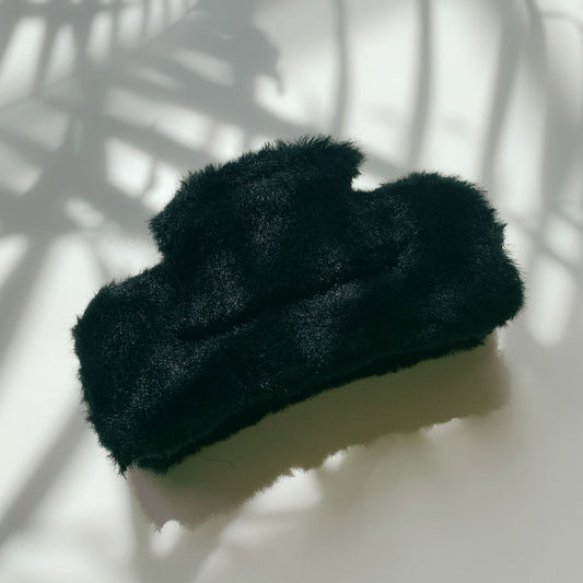 Velvet Claws Hair Clip | Rectangle Plush in Faux Fur Black | Claw Clip in Velvet Travel Bag