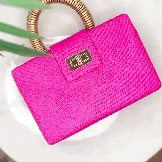THE GRACIE Pink & Gold Woven Buntal Straw Clutch Bag