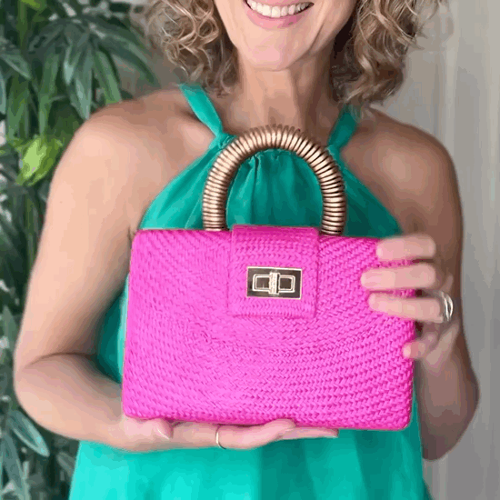 THE GRACIE Pink & Gold Woven Buntal Straw Clutch Bag