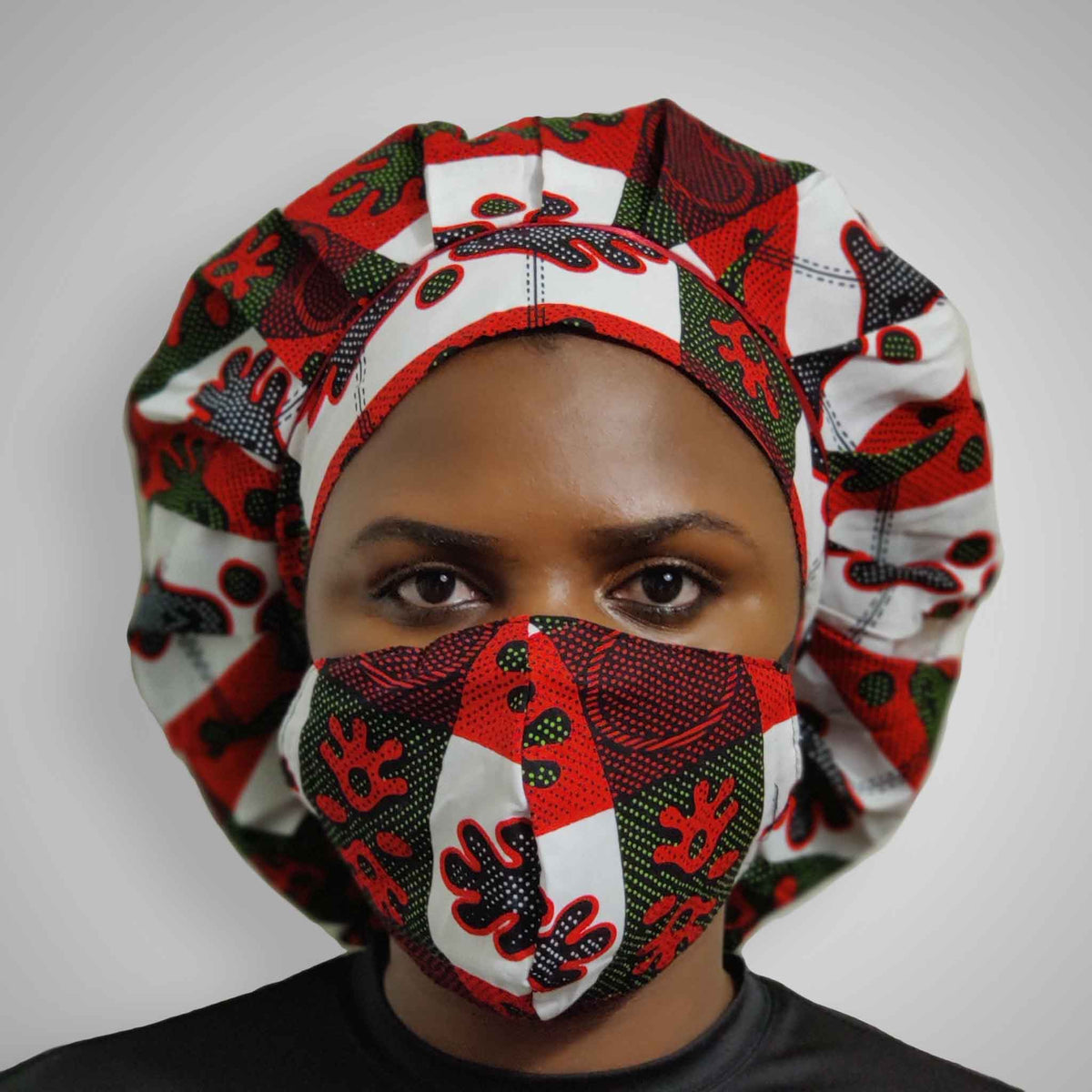 Kente Bonnet & Face Mask (Aqua Blue & Red)