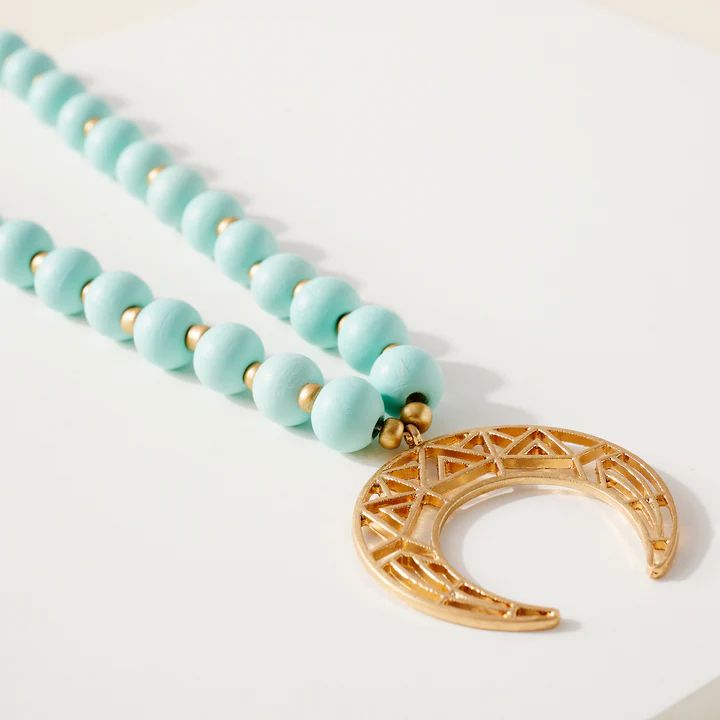Wood Bead Crescent Pendant Necklace | Ivory or Mint