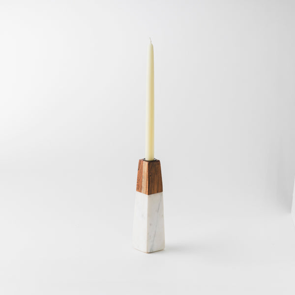 Tapered White Marble & Acacia Candleholder
