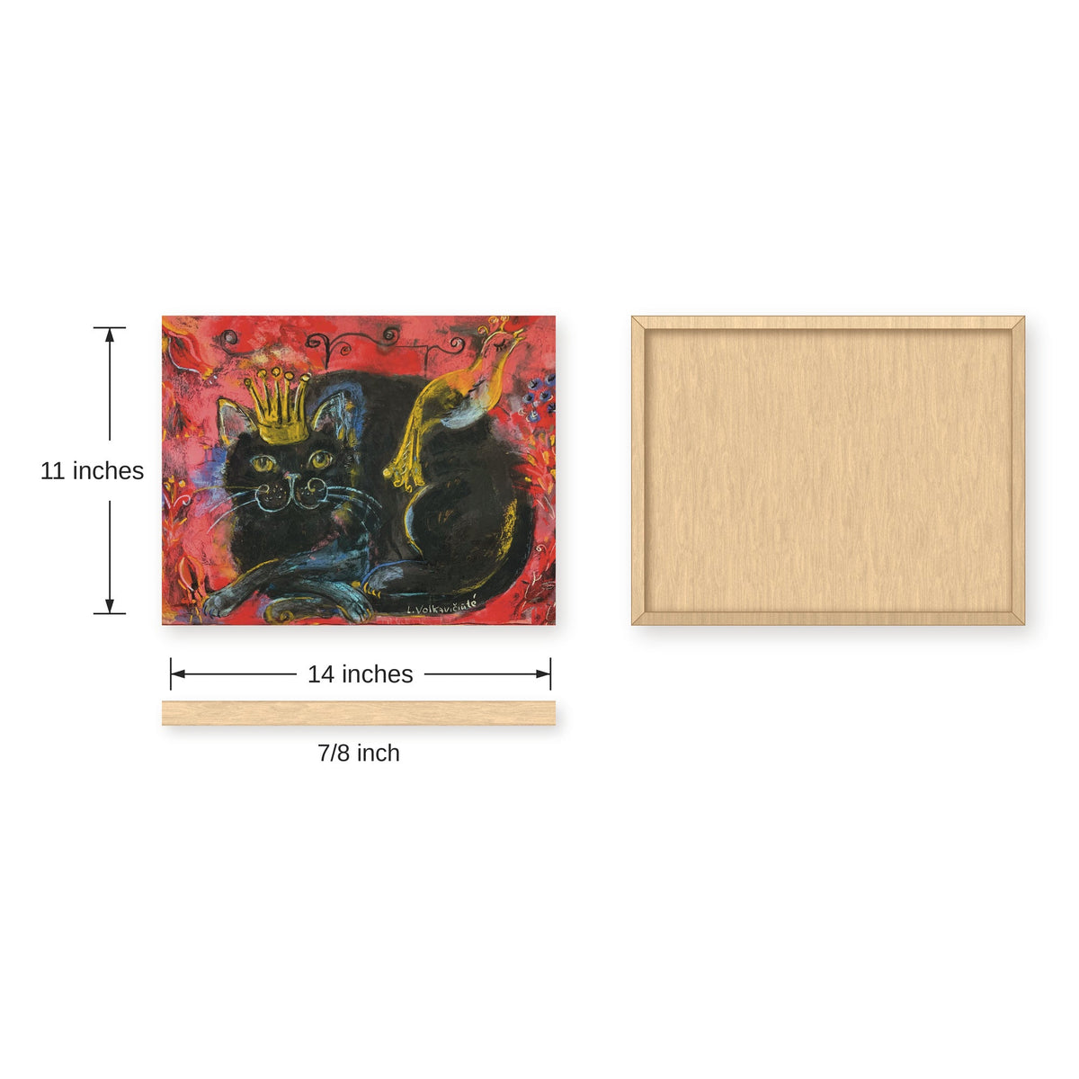 Crowned Black Cat with Bird: Red Folk Art Print on Board