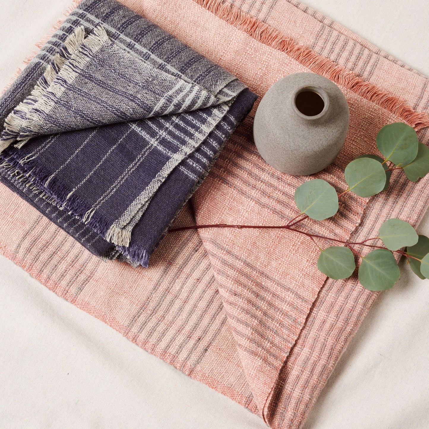 Silica Rose In Shades of Salmon Gray Stripes Pattern Soft Handwoven Merino Throw