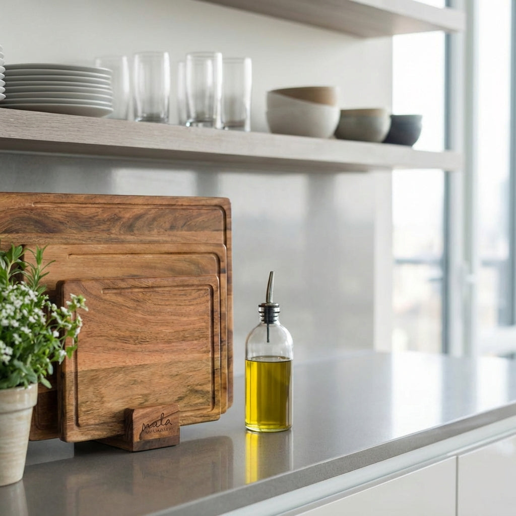 Acacia Wood Cutting Board Set with Stand – 3 Piece