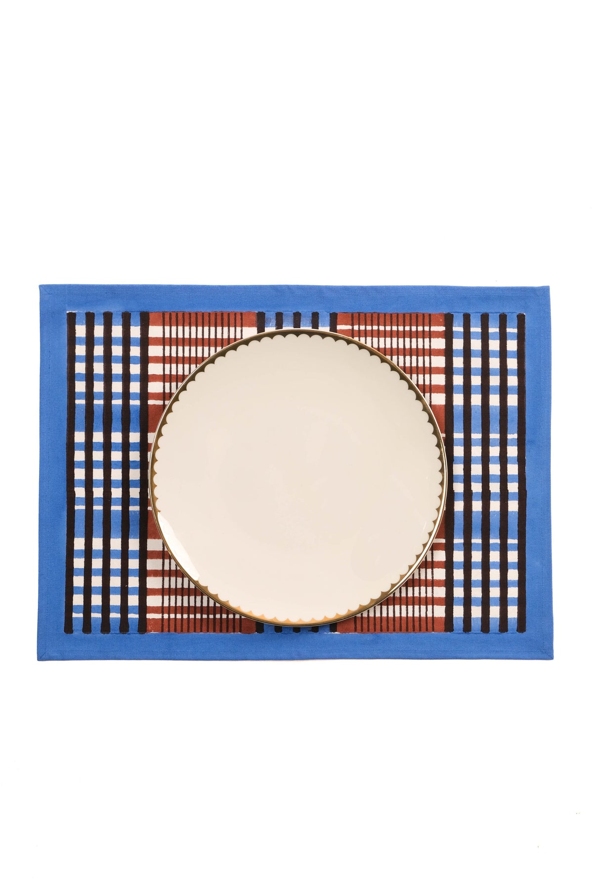 Shetland Plaid Blockprint Placemat in Brown and Blue, Set of 2