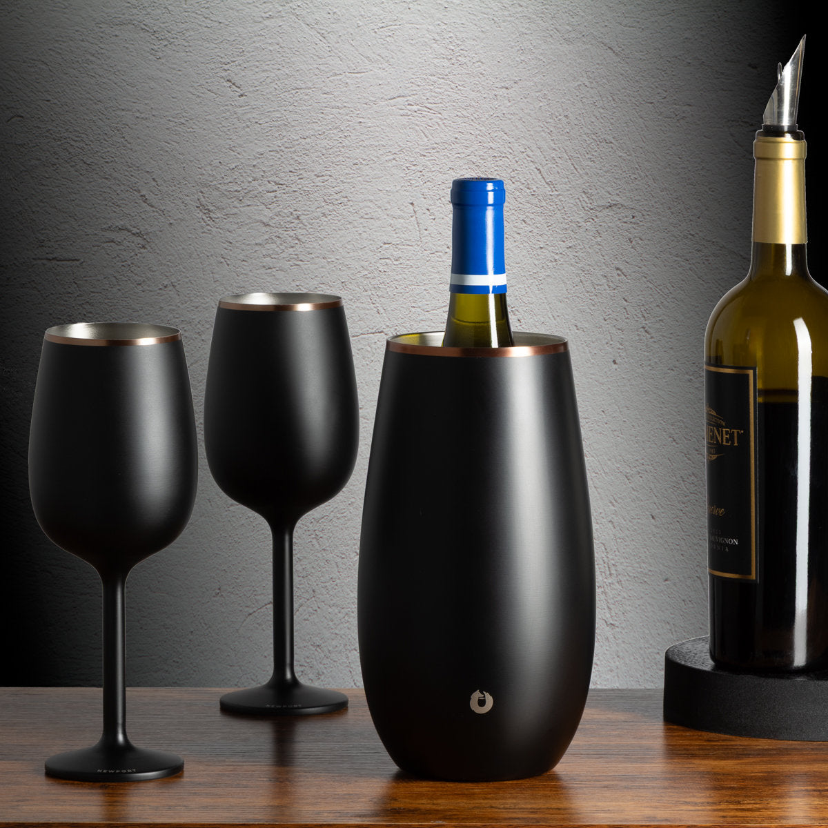 Stainless Steel Wine Chiller and Wine Glass Gift Set - Black