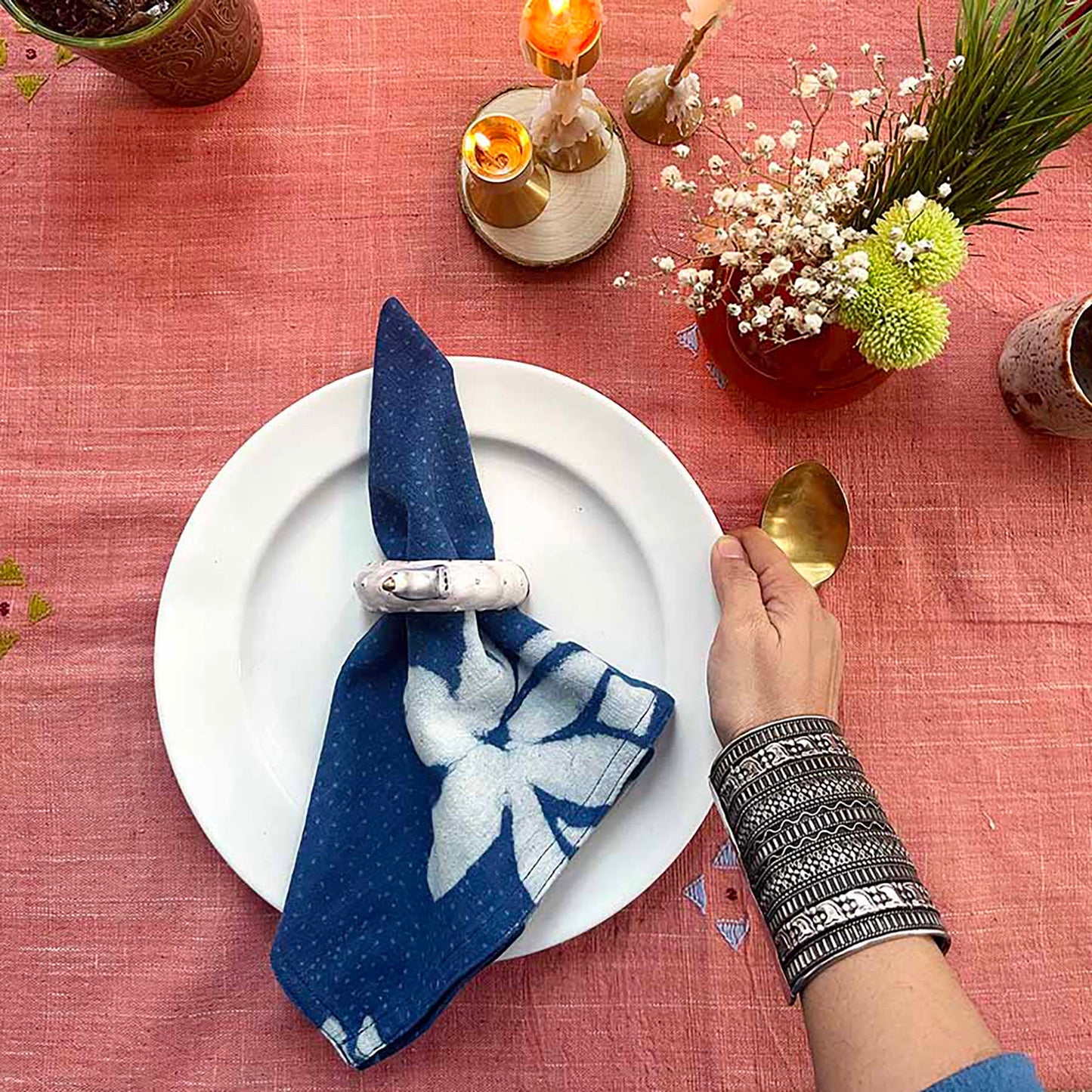 Hand Block Printed Blue Lotus Napkin (Set of 4) - Lotus Blue