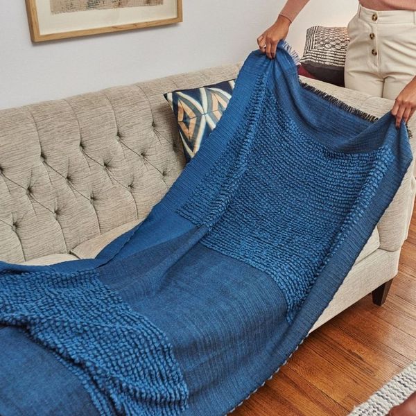 Macaroon Midnight Dark Blue Plush Textured Merino Handloom Throw