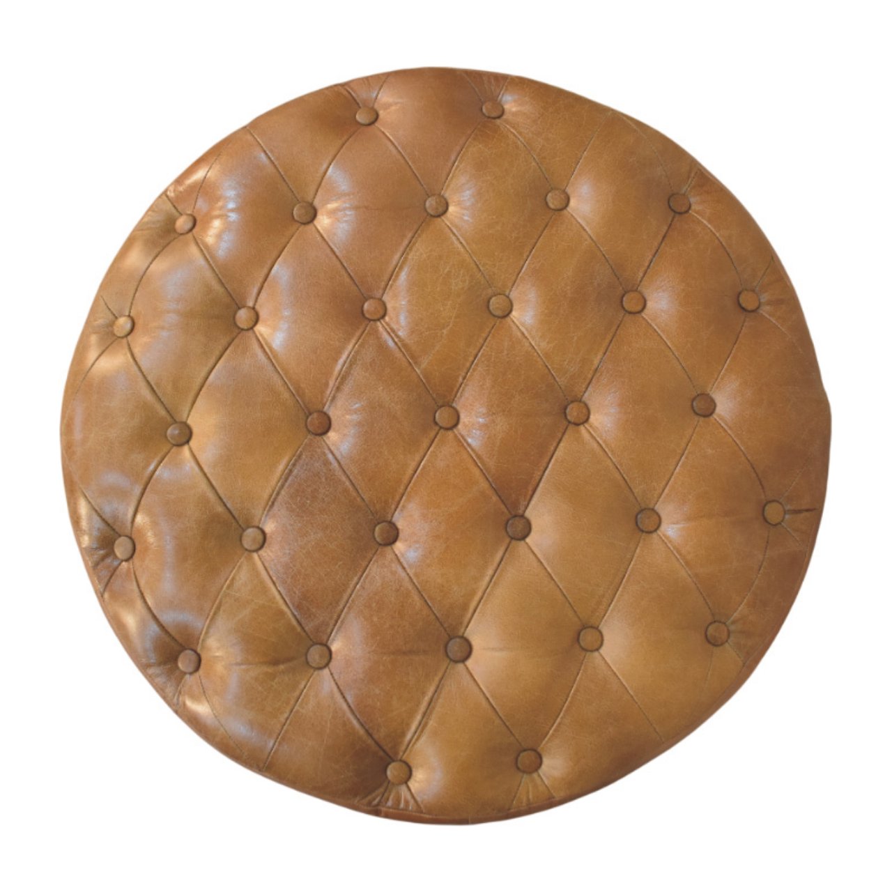 Brown Buffalo Leather Upholstered Round Ottoman with Castor Legs