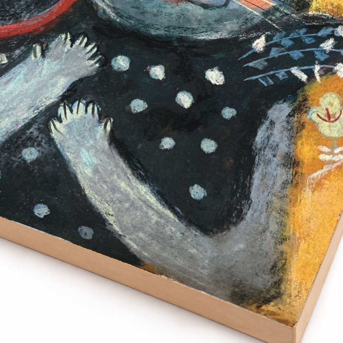 Echoes of Innocence: Cat Hugging a Chicken, Whimsical Pastel Art Print on Board
