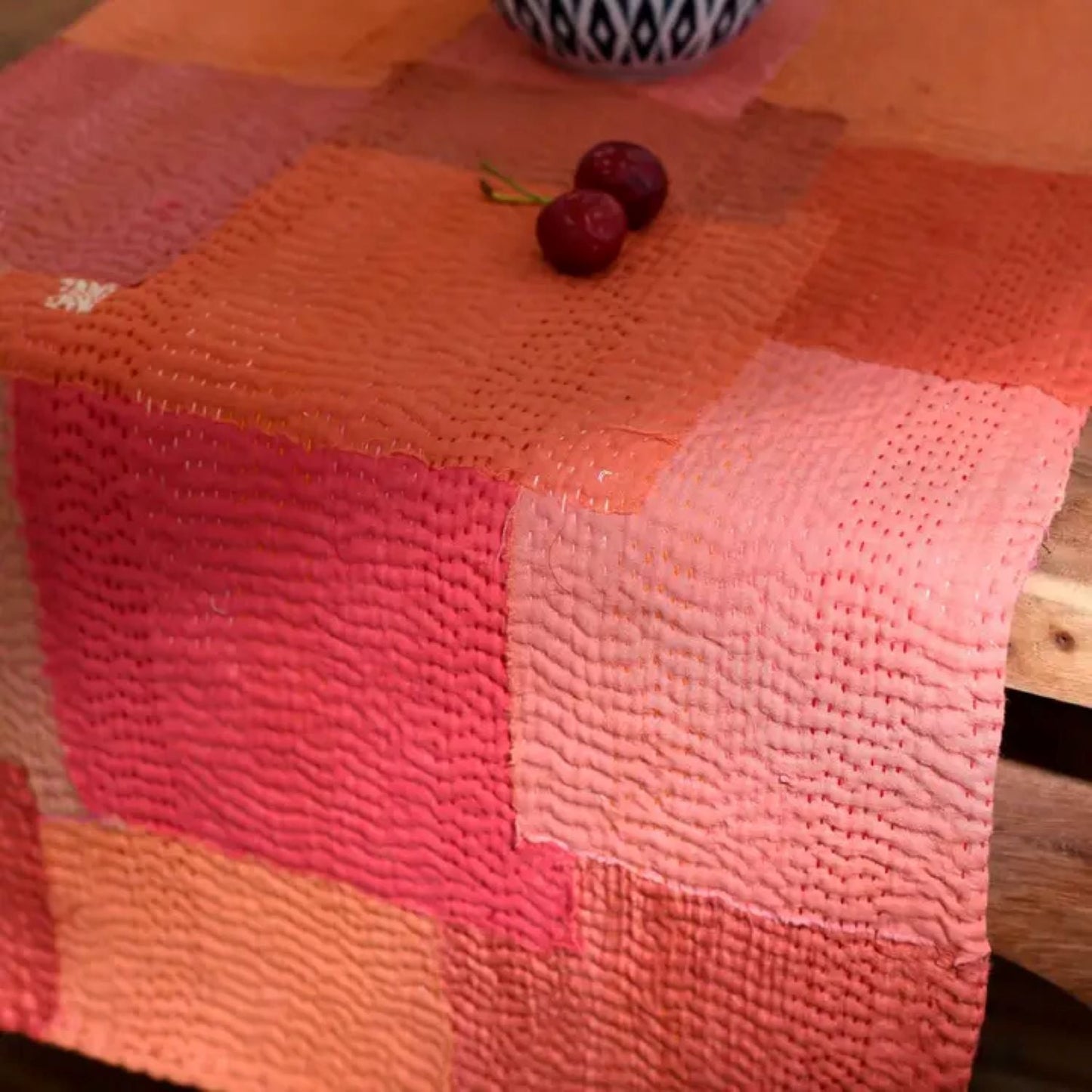 Mosaic Fray Patch Vintage Kantha Runner - Carrot