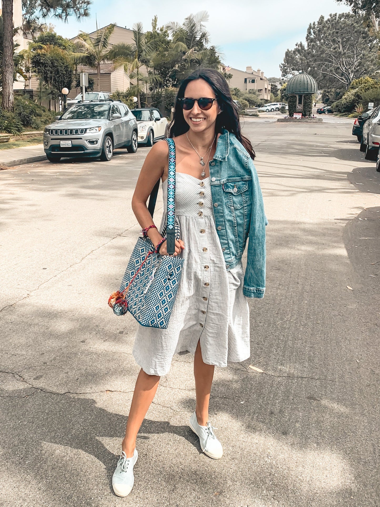 Mai Woven Bag Strap - Blue & Pink with Leather