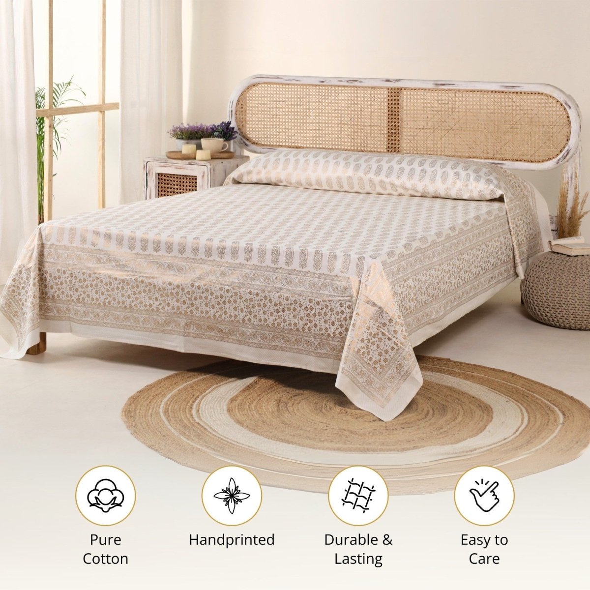 Gold & White Handprinted Bed Cover Set with Pillow Covers