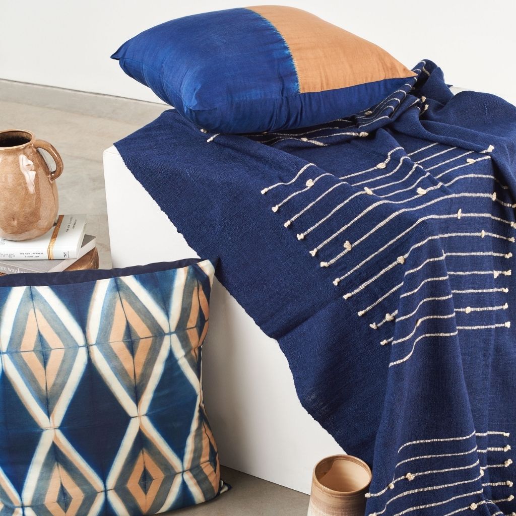 Rosewood Indigo With Hand Knotted Stripes Handloom Merino Throw - Osadia Concept Store