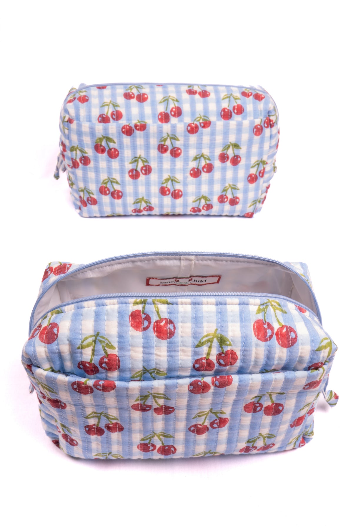 Cherry Makeup Bag in Blue Gingham Blockprint