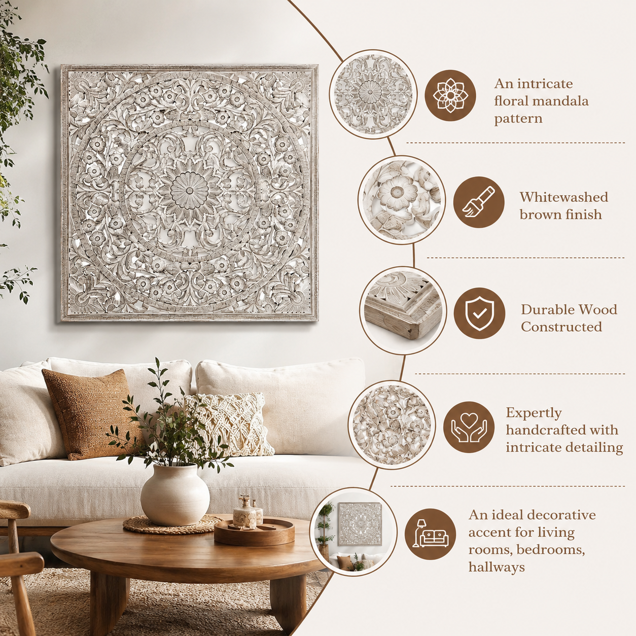 Mandala Hand Carved Wall Décor | Wooden Wall Art, 48 x 48"
