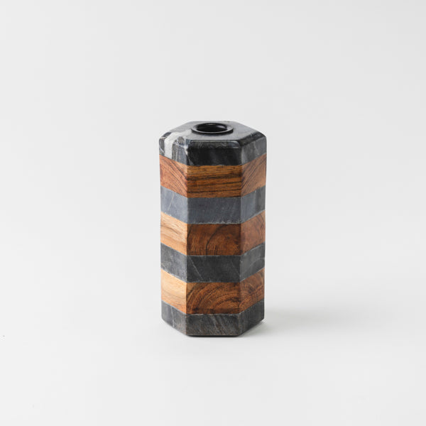 Striped Marble & Acacia Candleholder