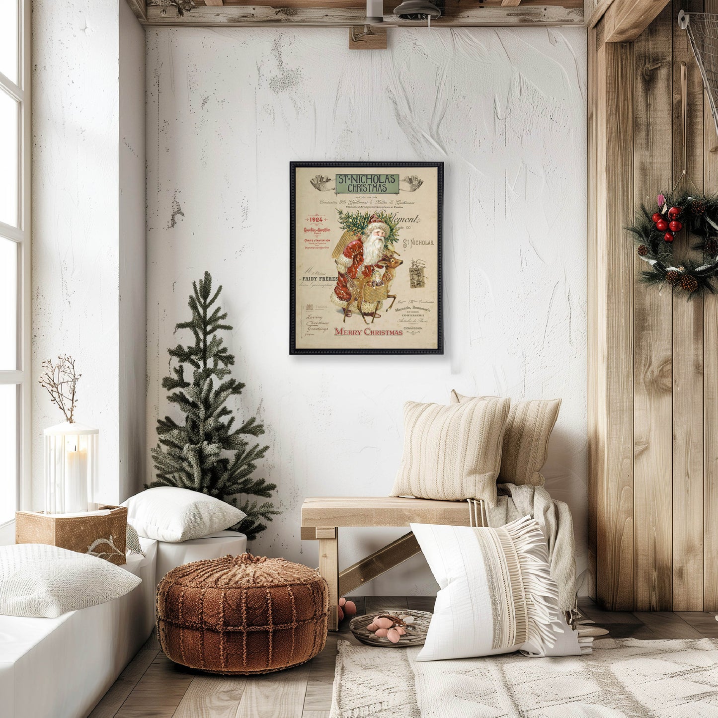 Vintage Painting of Santa on a distressed bookplate background