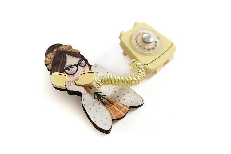 Girl with Phone Collar Clip Brooch by Laliblue