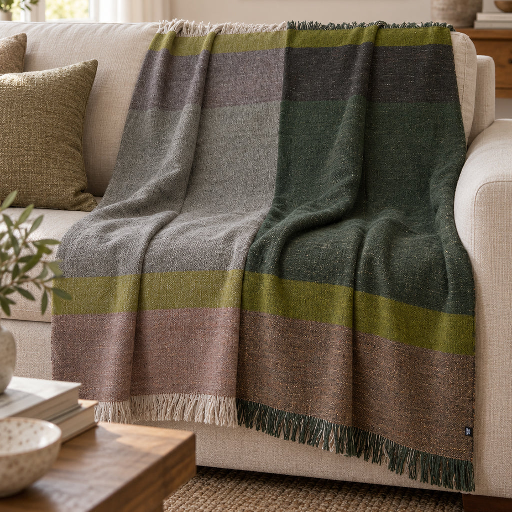 Forest Green Color Block Alpaca Throw