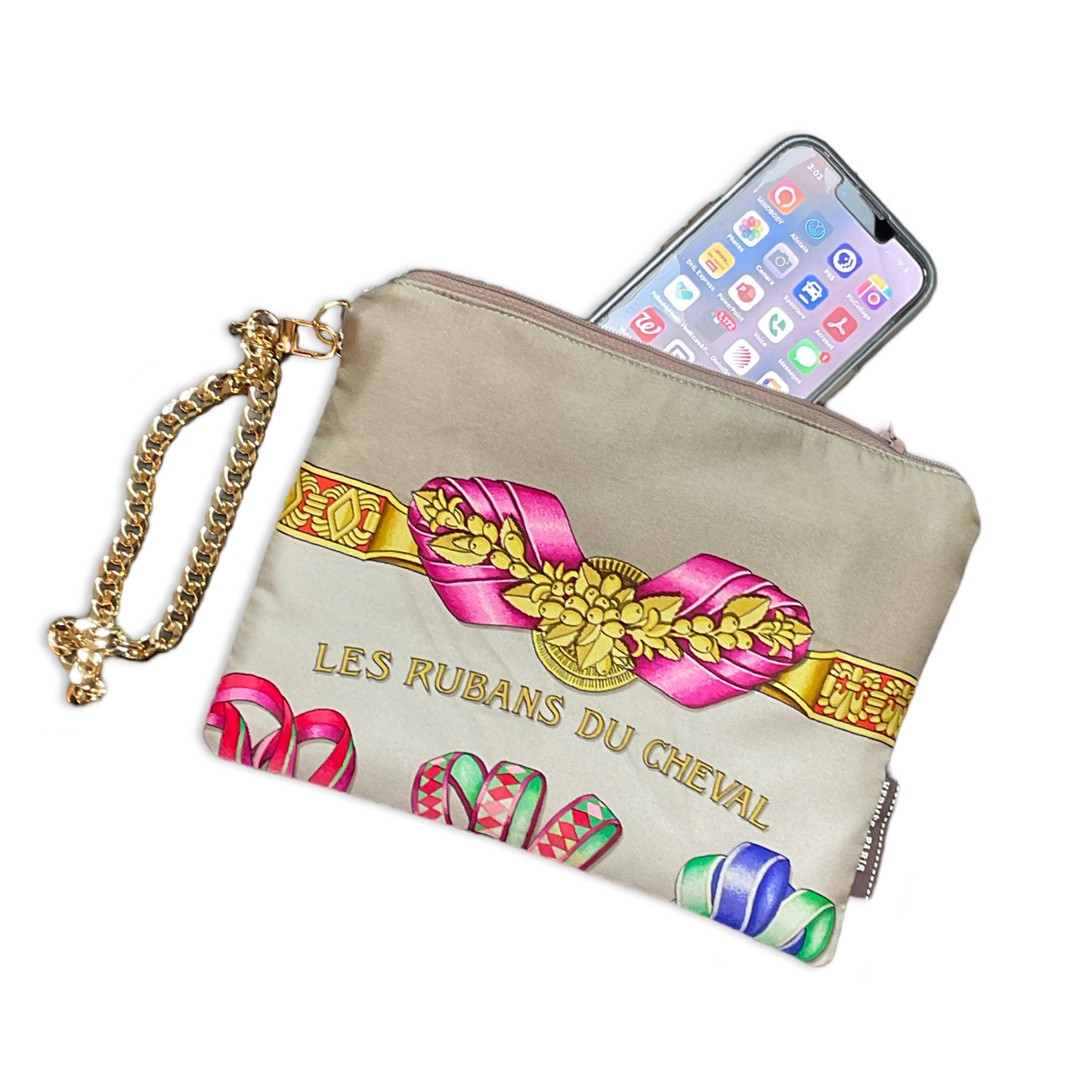 Rubans du Cheval Beige Vintage Silk Scarf Wristlet Bag
