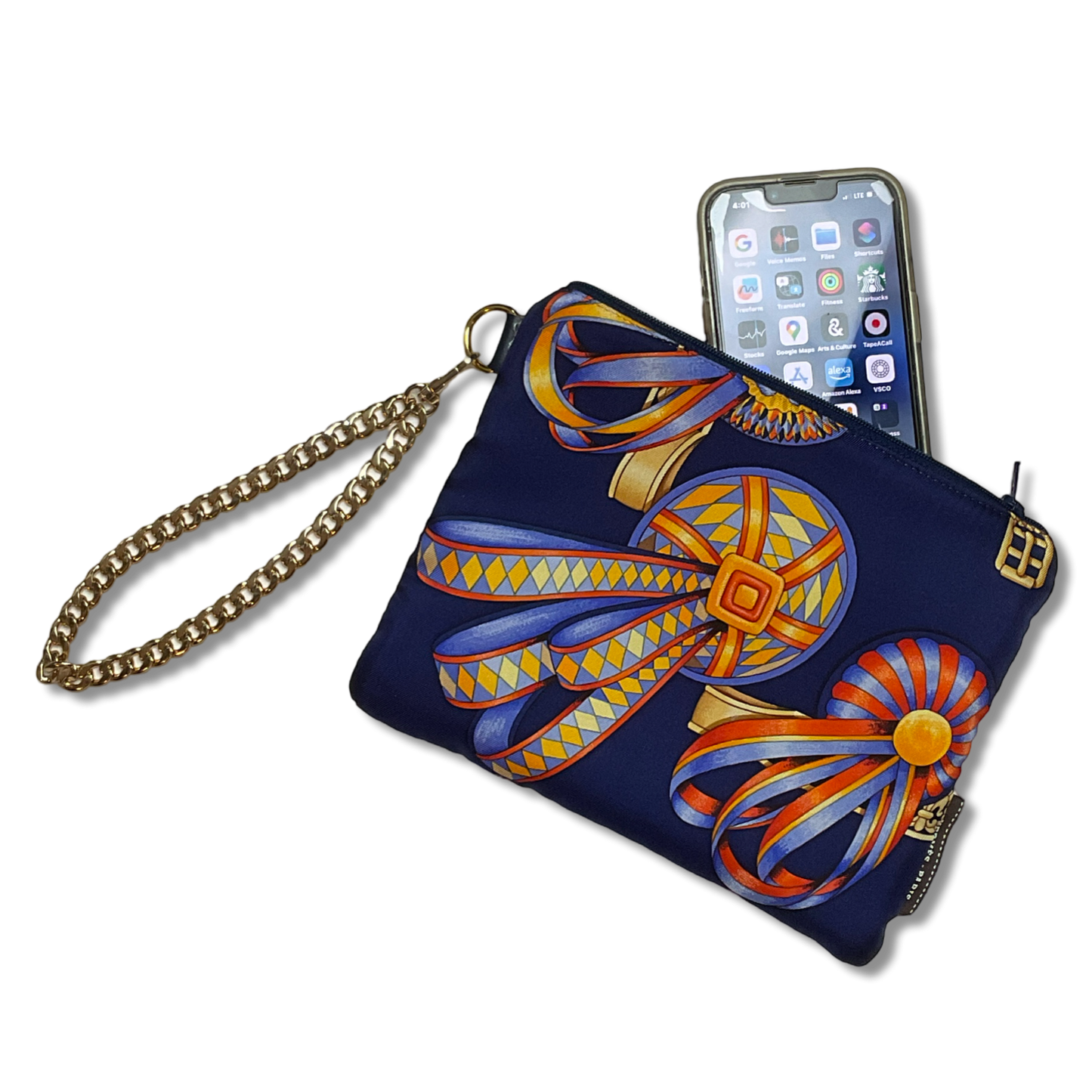 Rubans du Cheval Navy Blue Vintage Scarf Wristlet Bag