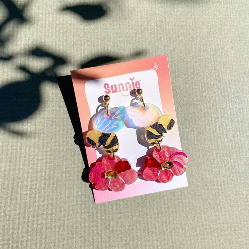 Honey Bee Flower Acrylic Earrings