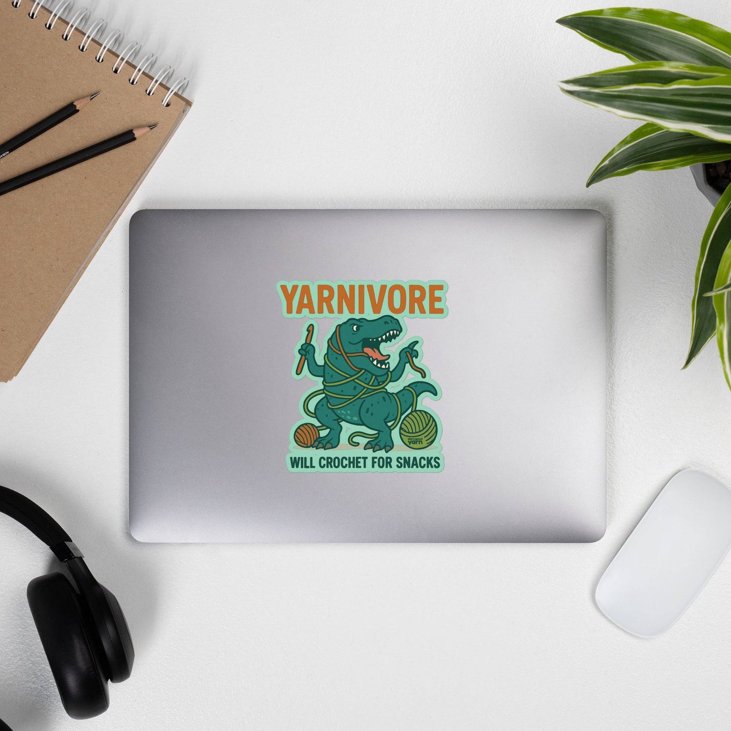 🦖 Yarnivore Sticker – Will Crochet for Snacks Bubble-free stickers