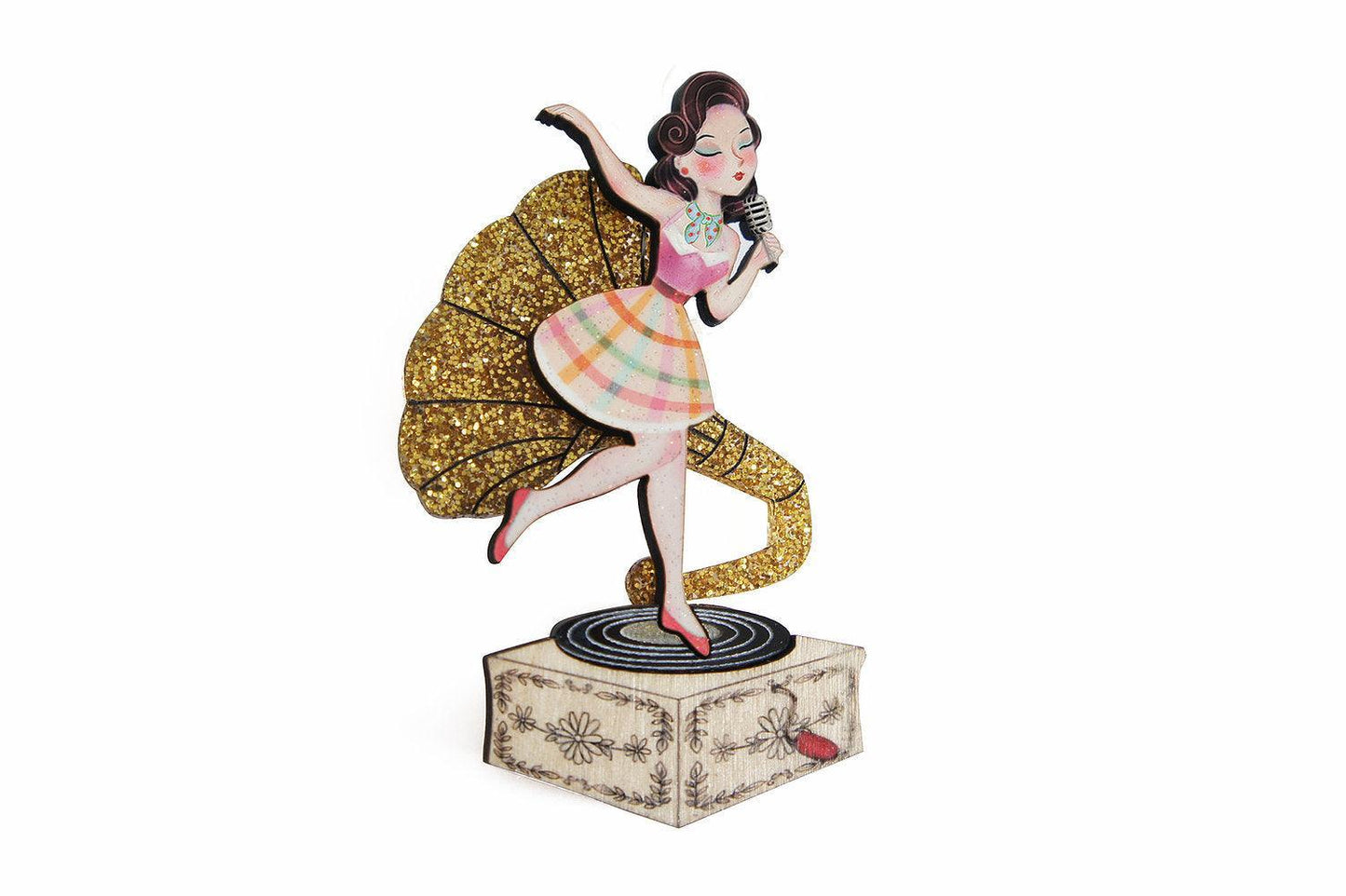 Pin Up Singer w/ Victrola Brooch by Laliblue