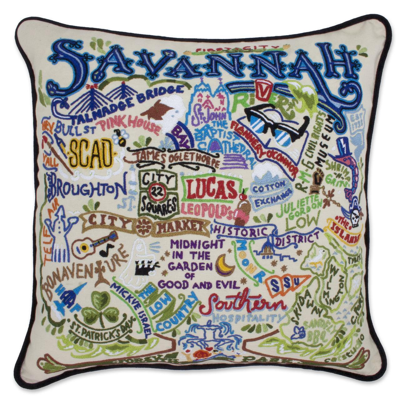 Savannah, GA Hand-Embroidered Pillow