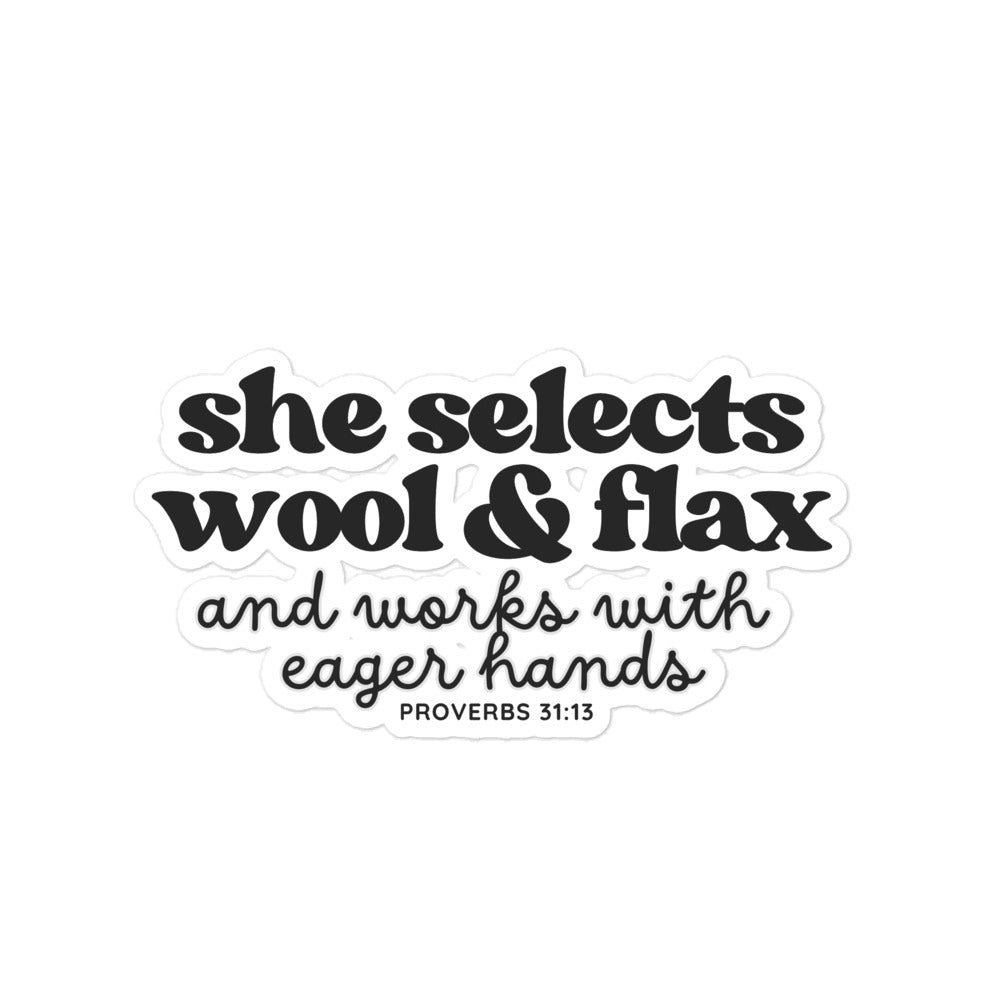 “She Selects Wool & Flax” Bubble Free Sticker – Designed by Nicole SnowBubble-free stickers