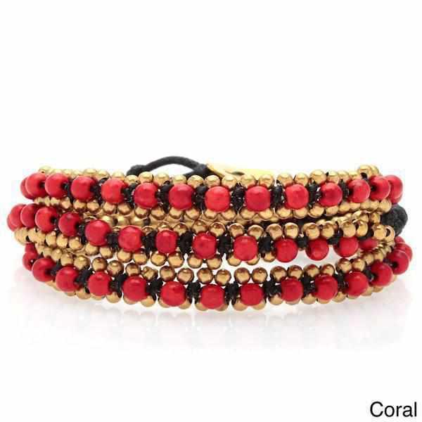 Stone and Brass Beads Three Wrap Bracelet - Thailand
