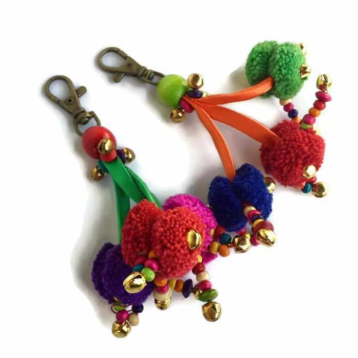 Triple Pom Pom Keychain | Handmade Zipper Pull with Beads | Thailand