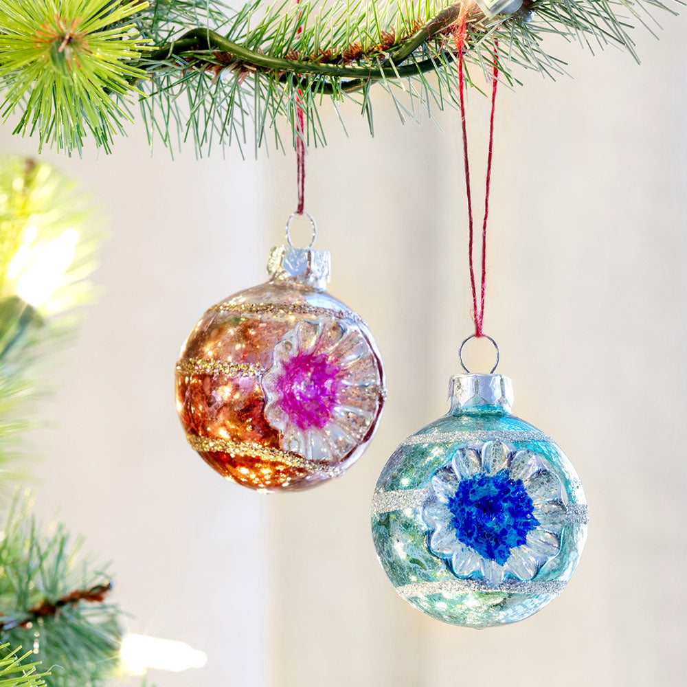 Vintage Reflector Ball Ornaments Pink & Blue Set of 2