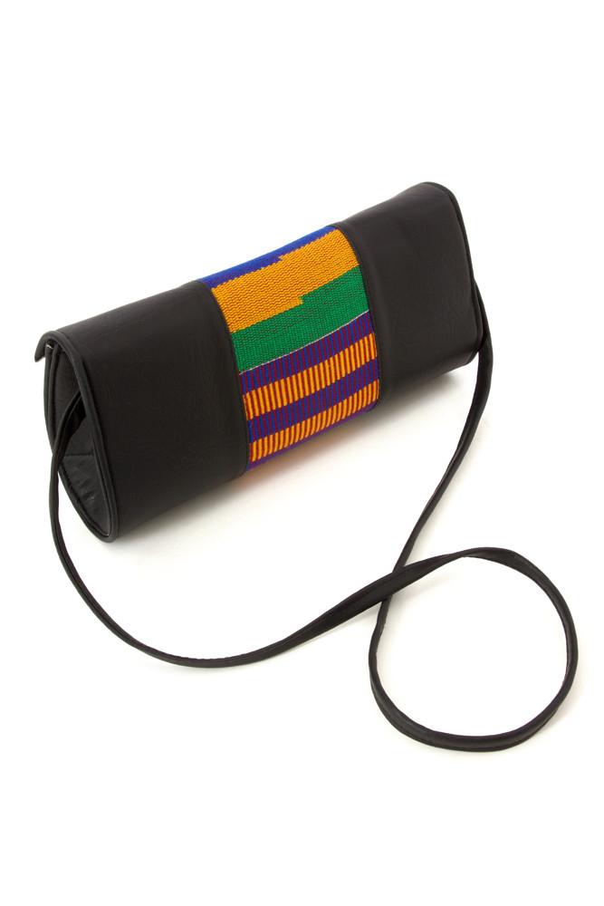 Traditional Kente Cloth and Faux Leather Barrel Purse with Strap- Green & Pink - Osadia Concept Store