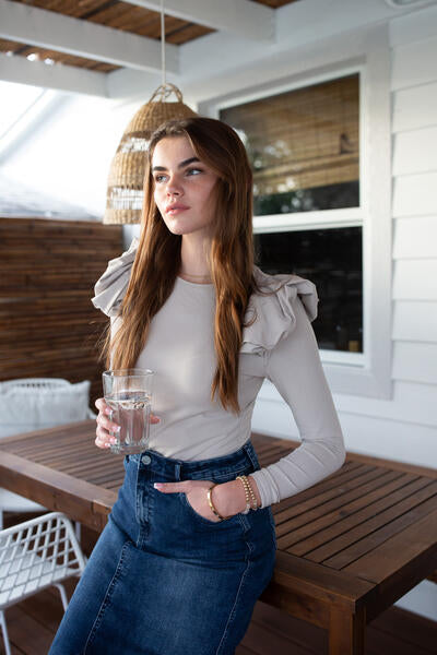 Ruffle-Shoulder Tee- Stone