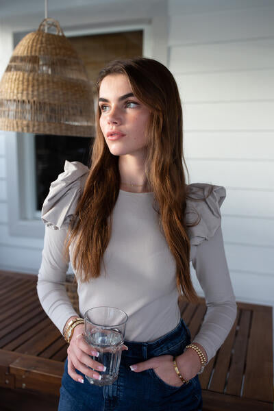 Ruffle-Shoulder Tee- Stone